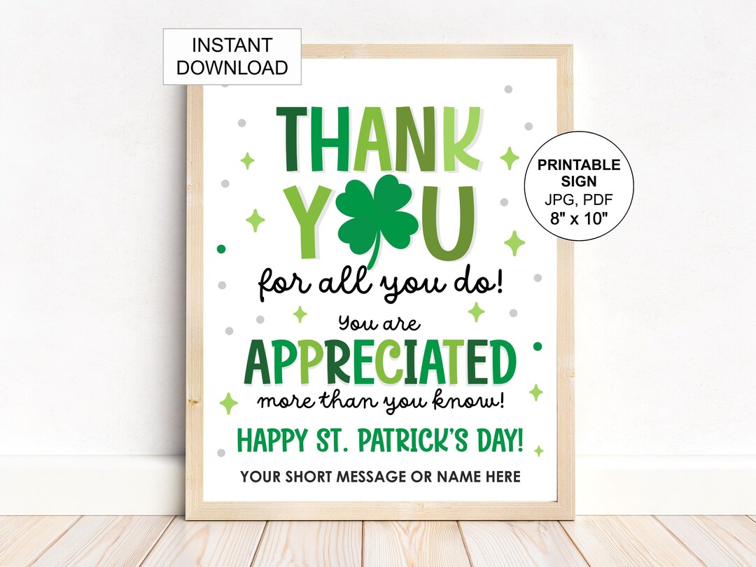 St Patricks Day Appreciation Sign Printable / Patrick's Day Thank You ...