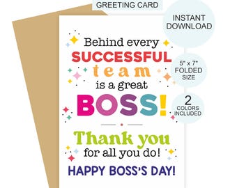 Puede incluir: Una tarjeta de felicitación imprimible con un sobre de color canela. La tarjeta blanca tiene un texto colorido que dice: "¡Detrás de cada equipo EXITOSO hay un gran JEFE! ¡Gracias por todo lo que haces! ¡FELIZ DÍA DEL JEFE!" El tamaño plegado es de 12,7 cm x 17,8 cm.