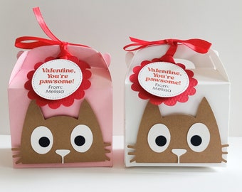 Boîtes de faveur de chat Valentine pour les enfants / Boîte Cat Valentine / Boîtes de friandises en classe Cat Valentines Day / Sacs Cat Valentine / Ensemble de 10