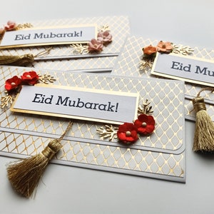 6 White and Gold Eid Cash envelopes with flowers and golden tassel / Set of 6 / Handmade Eid gift envelopes zdjęcie 5