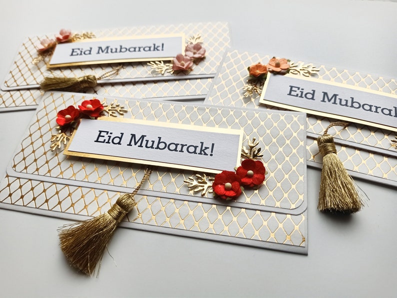 6 White and Gold Eid Cash envelopes with flowers and golden tassel / Set of 6 / Handmade Eid gift envelopes zdjęcie 5