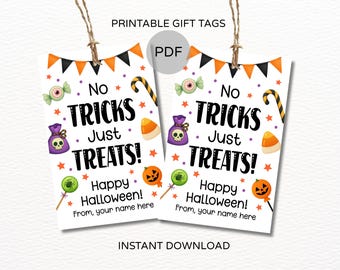 Halloween No tricks just treats tag printable / Halloween treat tag / Halloween trick or treat tag / Halloween candy tags / Halloween tags