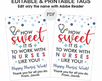 Bewerkbare Nurse Week tags afdrukbaar / Bewerkbare Nurse waardering tags / Nurse cadeau tags / Nurses week geschenken tags / Nurse week candy tags PDF