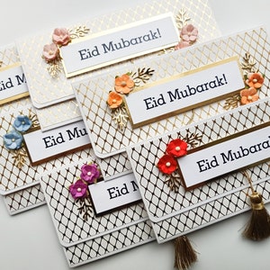 6 White and Gold Eid Cash envelopes with flowers and golden tassel / Set of 6 / Handmade Eid gift envelopes zdjęcie 9