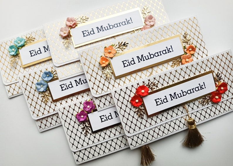 6 White and Gold Eid Cash envelopes with flowers and golden tassel / Set of 6 / Handmade Eid gift envelopes zdjęcie 9