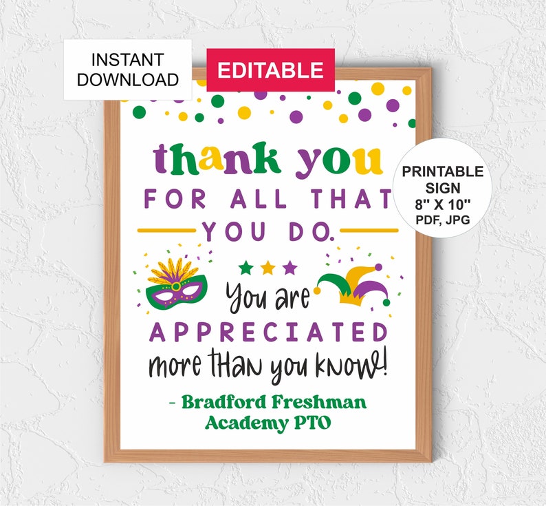 Editable Mardi Gras Sign Printable / Mardi Gras Thank You Sign / Mardi ...