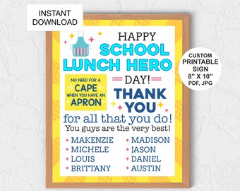 Cartel personalizado del día del héroe del almuerzo escolar imprimible / Cartel de agradecimiento del héroe del almuerzo escolar / Regalos del héroe del almuerzo escolar / Póster / 8x10 PDF / JPG