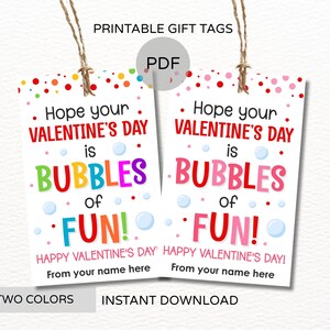 May include: Two printable Valentine's Day gift tags with the text "Hope your Valentine's Day is BUBBLES of FUN!" in colorful letters. The tags have a white background with colorful polka dots and are attached to twine.