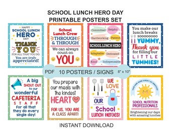 Juego de 10 carteles imprimibles para el Día del Héroe del Almuerzo Escolar / Carteles de agradecimiento para el Héroe del Almuerzo Escolar / Decoración para el Día del Héroe del Almuerzo Escolar / Señora del Almuerzo Escolar