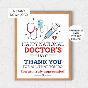 Letrero imprimible para el Día del Médico / Letrero de agradecimiento al médico / Póster del Día del Médico / Letrero del Día Nacional del Médico / 8x10 / Regalos para el Día del Médico PDF / JPG