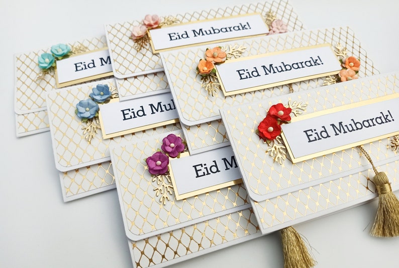 6 White and Gold Eid Cash envelopes with flowers and golden tassel / Set of 6 / Handmade Eid gift envelopes zdjęcie 1