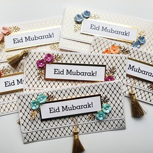 6 White and Gold Eid Cash envelopes with flowers and golden tassel / Set of 6 / Handmade Eid gift envelopes zdjęcie 3