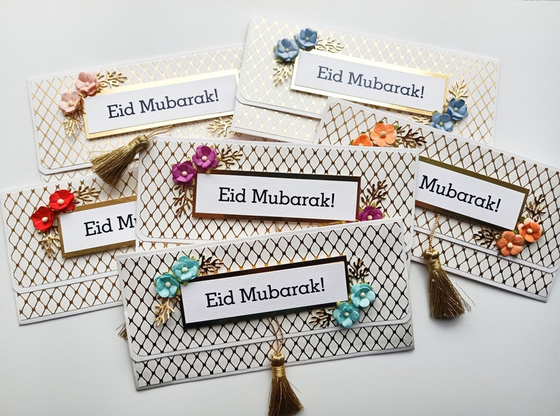 6 White and Gold Eid Cash envelopes with flowers and golden tassel / Set of 6 / Handmade Eid gift envelopes zdjęcie 3