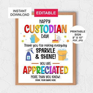 Editable Custodian Day sign printable / Custodian day appreciation sign / Custodian day thank you poster Custodian day gift Custodian gifts