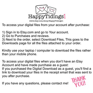 May include: White background with text providing instructions on how to access digital files purchased on Etsy. The HappyTidings1 logo is at the top, with a pink "Thank You!" at the bottom.