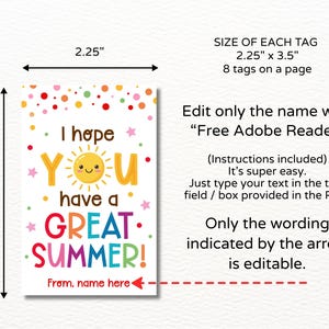 Pu&ograve; includere: Un'etichetta rettangolare con la scritta "I hope YOU have a GREAT SUMMER!" in lettere colorate. L'etichetta misura 5,7 x 8,9 cm e presenta un'illustrazione di un sole sorridente. Il testo "From, name here" &egrave; in basso.