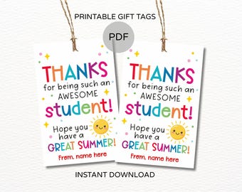 Last day of school student gift tags printable / Summer student gifts tag / Student year end gift tag / Awesome student tags from teacher