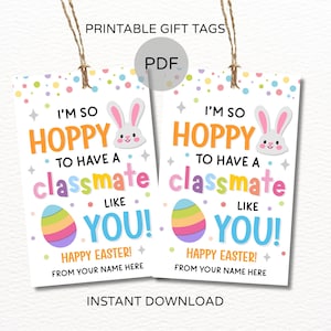 Puede incluir: Dos etiquetas de regalo blancas con el texto "I'M SO HOPPY TO HAVE A classmate LIKE YOU!" y una ilustración de huevo de Pascua colorida. Cada etiqueta tiene un lindo gráfico de conejito y las palabras "HAPPY EASTER!" y "FROM YOUR NAME HERE".