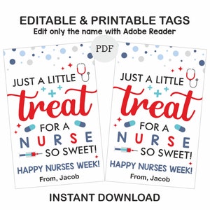 Editable Nurse Week tags printable / Nurse treat tags / Nurse week treat tags / Nurse appreciation tags / Nurses week gift tags / Nurse gift