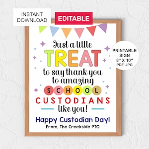 Editable School Custodian Day Treat sign printable / Custodian Day sign / School Custodian candy sign / School Custodian appreciation sign