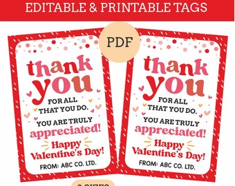 Editable Valentine Appreciation tag printable / Valentine thank you tags / Valentine's day thank you tags / Valentine's day appreciation tag