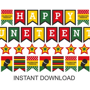May include: Printable banner set for Juneteenth, featuring red, yellow, green, and black colors. The banner includes the words "Happy Juneteenth" and stars.  The set also includes flags with a black silhouette of a person's head and the words "Celebrating Freedom".