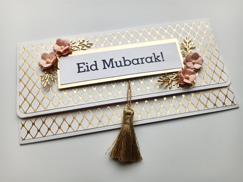 6 White and Gold Eid Cash envelopes with flowers and golden tassel / Set of 6 / Handmade Eid gift envelopes zdjęcie 7