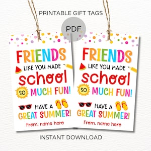 Op de afbeelding: Twee afdrukbare cadeaulabels met de tekst "FRIENDS LIKE YOU MADE SCHOOL SO MUCH FUN!" in kleurrijke letters. De labels bevatten ook zomerse afbeeldingen en de zin "HAVE A GREAT SUMMER!" met ruimte om een naam te schrijven.