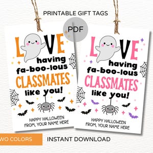 May include: Two Halloween-themed gift tags with a ghost, spider, and bat illustrations. The tags read "LOVE having fa-boo-lous CLASSMATES like you!" and "Happy Halloween from, your name here." The tags are available in two colors.