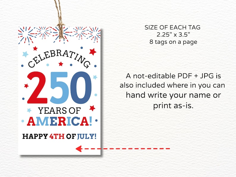 May include: A rectangular gift tag with a patriotic theme. The tag features the text "Celebrating 250 Years of America! Happy 4th of July!" in red, white, and blue. The tag measures 2.25" x 3.5".
