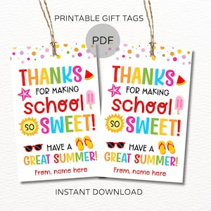 Op de afbeelding: Twee afdrukbare cadeaulabels met een zomerthema. De labels bevatten kleurrijke tekst met de tekst "BEDANKT OM SCHOOL ZO LEUK TE MAKEN! HEB EEN GEWELDIGE ZOMER!" met illustraties.