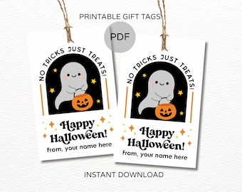 May include: Printable Halloween gift tags featuring a cute ghost holding a jack-o'-lantern. The tags have the text "No Tricks Just Treats!" and "Happy Halloween!" with space to add a name. The tags are white with orange, black, and yellow accents.