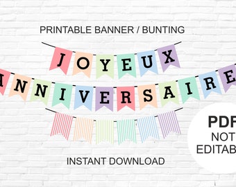 Bannière Joyeux Anniversaire imprimable / Bannière anniversaire Français / Banderoles Joyeux Anniversaire / guirlande / Français Joyeux anniversaire décor PDF