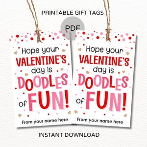 May include: Two rectangular Valentine's Day gift tags with the text "Hope your Valentine's day is Doodles of FUN!" in red and pink. The tags are white with red and gold heart accents and are attached to twine.