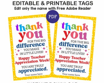 Editable Teacher appreciation week tags printable / teacher appreciation tags / teacher appreciation week thank you tags / Teacher gift tags