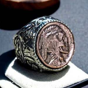 Sterling Silver 1937 Indian Skull Head/Buffalo Hobo Coin on Sterling Silver Scroll band ring