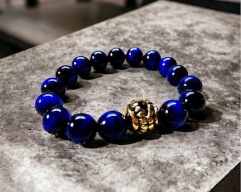 14mm 14K Solid Gold Speedball bead complimented w/ Blue or Green Tiger Eye beads bracelet is our original design.