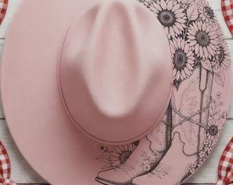 Cowboy Boots With Sunflowers Wide Brim Hat, Laser Hat Burning Stencil, Digital Download PNG, Hat Burning Template, Hat Laser Engraving