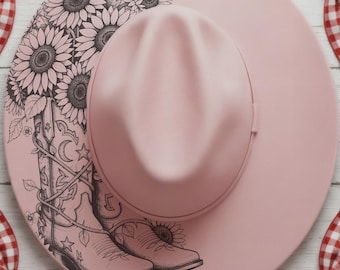 Cowboy Boots With Sunflowers Wide Brim Hat, Laser Hat Burning Stencil, Digital Download PNG, Hat Burning Template, Hat Laser Engraving