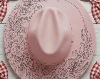 Boho Roses Wide Brim Hat, Laser Hat Burning Design, Digital Download PNG, Hat Burning Template, Hat Laser Engraving Design