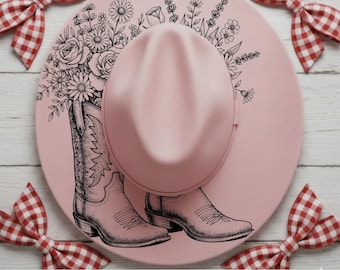 Cowboy Boots With Flowers Wide Brim Hat, Laser Hat Burning Stencil, Digital Download PNG, Hat Burning Template, Hat Laser Engraving Design