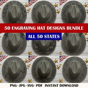 Alla 50 stater USA bredbrättad hattpaket, laserbrännande hattdesign, digital nedladdning PNG, hattbrännande mall, hattlasergraveringsschablon