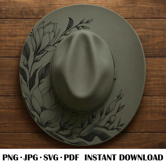 Vegan Suede Wide Brim Hat with Laser Engraved Magnolia Flowers ?New Design Alert! ?✨ This beautiful butterfly and floral  main image 3