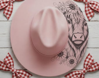 Highland Cow with Sunflowers Wide Brim Hat, Laser Hat Burning Stencil, Digital Download PNG, Hat Burning Template, Hat Laser Engraving
