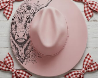 Highland Cow with Flowers Wide Brim Hat, Laser Hat Burning Stencil, Digital Download PNG, Hat Burning Template, Hat Laser Engraving