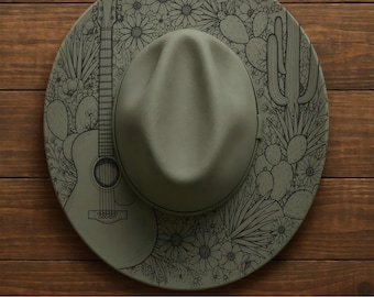 Country Music Cactus Wide Brim Hat, Laser Hat Burning Design, Digital Download PNG, Hat Burning Template, Hat Laser Engraving Design
