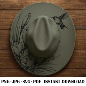 May include: A sage green fedora hat with a black hummingbird and floral design. The hat has a wide brim and a center crease. The text "PNG • JPG • SVG • PDF • INSTANT DOWNLOAD" is at the bottom of the image.