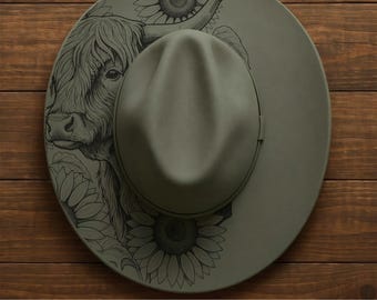 Highland Cow Wide Brim Hat, Laser Hat Burning Stencil, Digital Download PNG, Hat Burning Template, Hat Laser Engraving Design