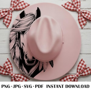 May include: A light pink fedora hat featuring a black graphic illustration of a horse adorned with feathers. The text at the bottom reads PNG JPG SVG PDF INSTANT DOWNLOAD. The hat is surrounded by four red and white gingham patterned bows.