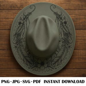 May include: An olive green fedora hat with a decorative brim featuring a floral and feather design. The hat is set against a wooden background. The text at the bottom reads "PNG • JPG • SVG • PDF INSTANT DOWNLOAD".
